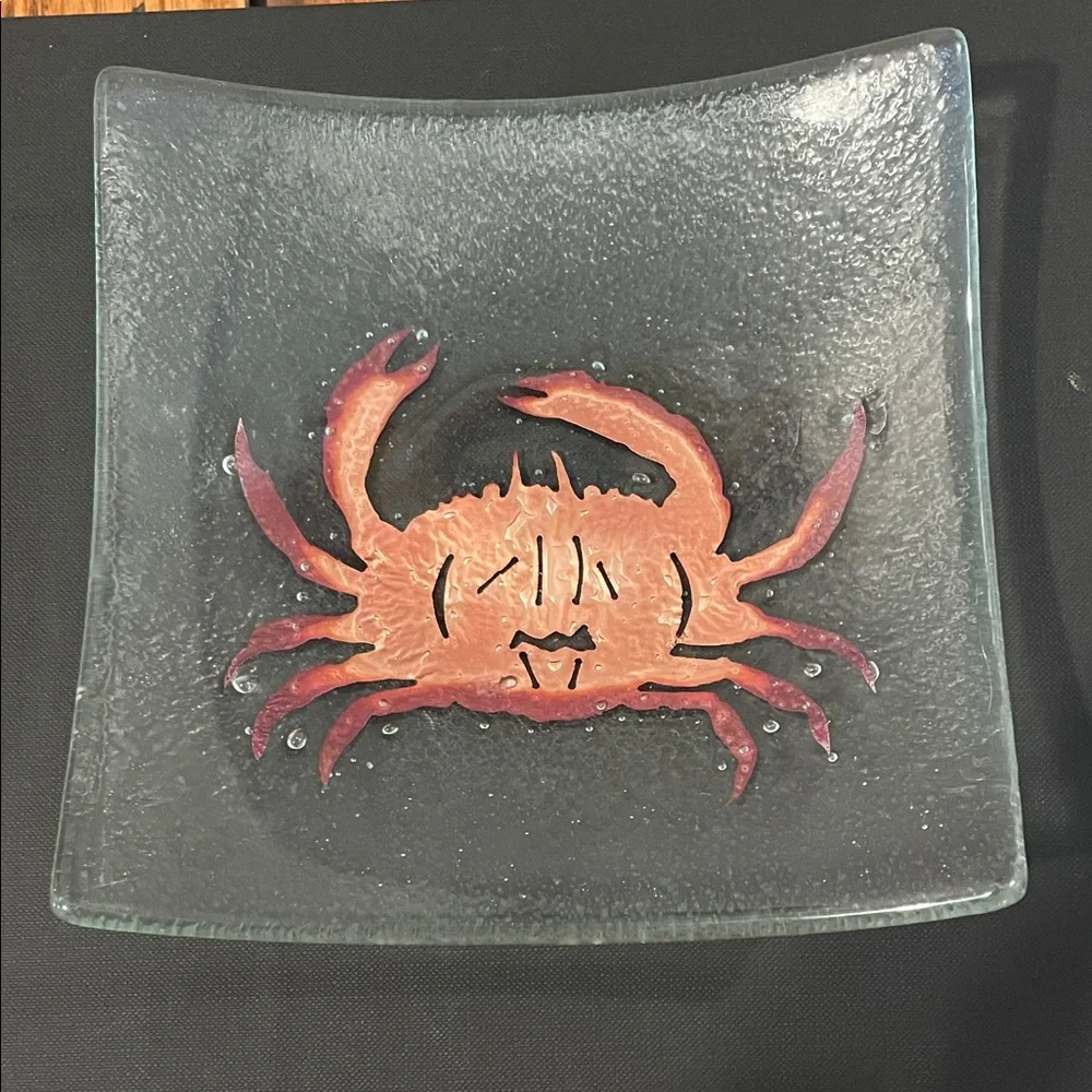 Handcrafted Jones Glassworks Fused Glass Crab Plate | Coastal Art Accent | 6.5